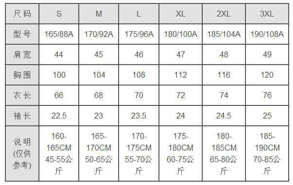 男士T恤尺码对照表