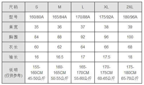 女士T恤尺码对照表